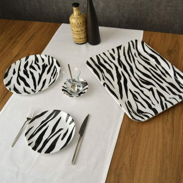 8 Kişilik 18 Parça Melamin Çay Pasta Takımı : Siyah Zebra