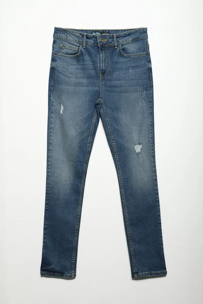 Erkek Yırtık Detay Likralı Skinny Fit Açık Mavi Jean Pantolon - 2