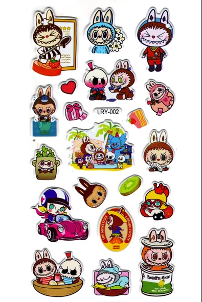 Sticker Kabartmalı Stiker Çıkartma Etiket (LRY002)-18x9 cm- Komik Labubu Tavşan