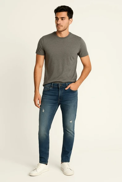 Erkek Yırtık Detay Likralı Skinny Fit Açık Mavi Jean Pantolon ürün görseli 1