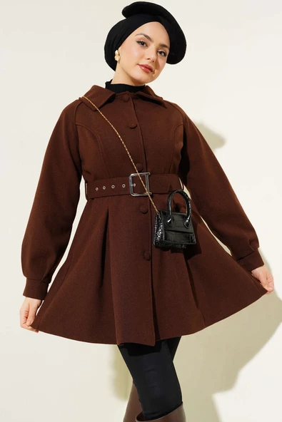 Kemerli Kısa Kaşe Kaban Acı Kahve ürün görseli 1