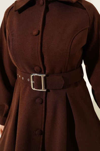 Kemerli Kısa Kaşe Kaban Acı Kahve - Resim 4