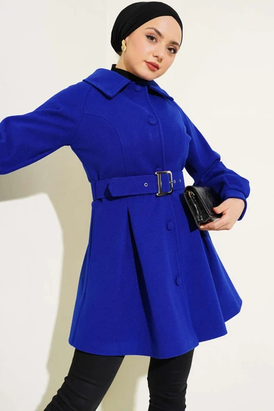 Kemerli Kısa Kaşe Kaban Saks ürün görseli 1