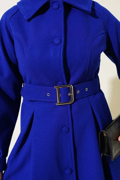 Kemerli Kısa Kaşe Kaban Saks - Resim 4