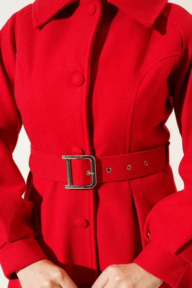 Kemerli Kısa Kaşe Kaban Kırmızı - Resim 4