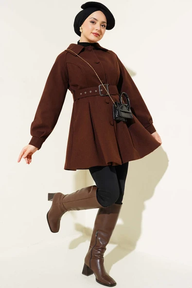 Kemerli Kısa Kaşe Kaban Acı Kahve - Resim 2