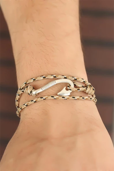 Krem Renk Çizgi Desenli Metal Kancalı Erkek Bileklik - TJ-EB2241-KS - 2