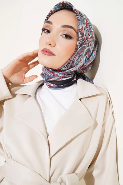 Retro Desen Eşarp Bej Siyah - Resim 1