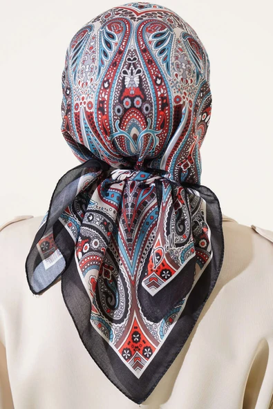 Retro Desen Eşarp Bej Siyah - Resim 3