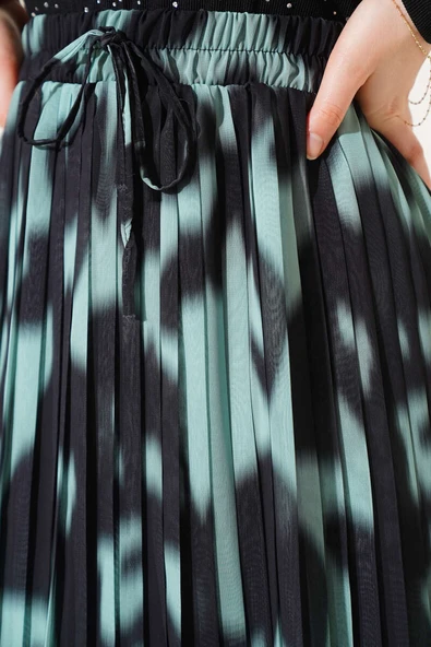 Şifon Pileli Desenli Etek Çağla Yeşili - 4