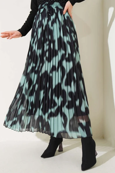 Şifon Pileli Desenli Etek Çağla Yeşili - 2