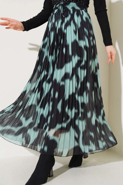 Şifon Pileli Desenli Etek Çağla Yeşili