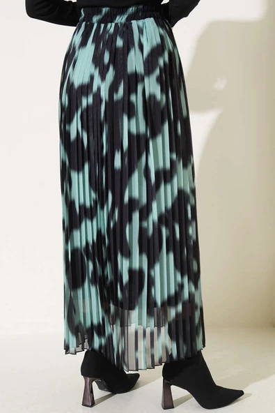 Şifon Pileli Desenli Etek Çağla Yeşili - 3