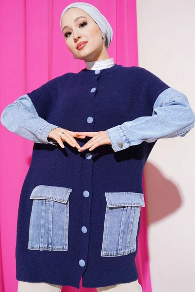 Kot Kollu Angora Hırka Lacivert ürün görseli