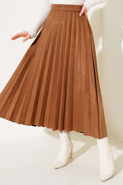 Piliseli Süet Etek Soft Kahve - Resim 1