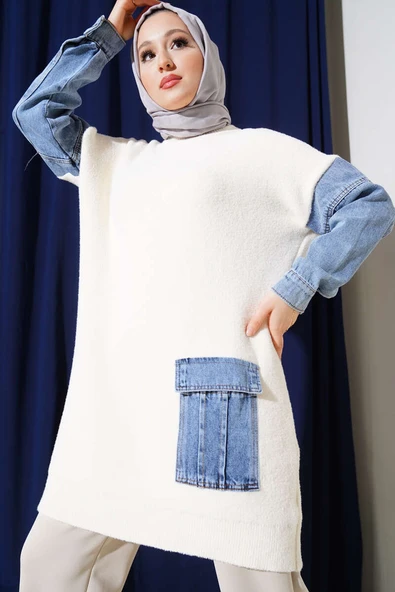 Kot Kol ve Cepli Angora Tunik Vanilya ürün görseli