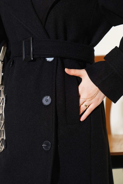 Kuşaklı Omuz Apoletli Uzun Kaşe Kaban Siyah - Resim 4