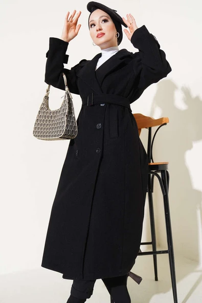 Kuşaklı Omuz Apoletli Uzun Kaşe Kaban Siyah - Resim 2