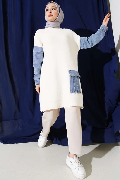 Kot Kol ve Cepli Angora Tunik Vanilya - Resim 2