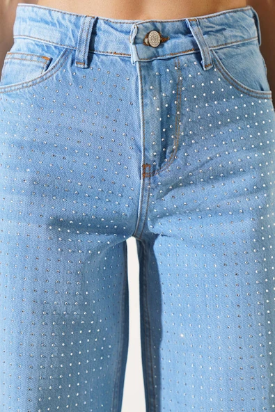 Taşlı Palazzo Kot Pantolon Açık Mavi - Resim 4