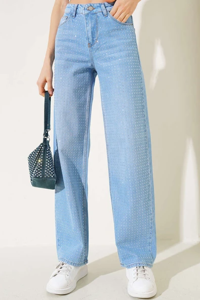 Taşlı Palazzo Kot Pantolon Açık Mavi - Resim 2