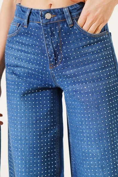 Taşlı Palazzo Kot Pantolon Kot - 4