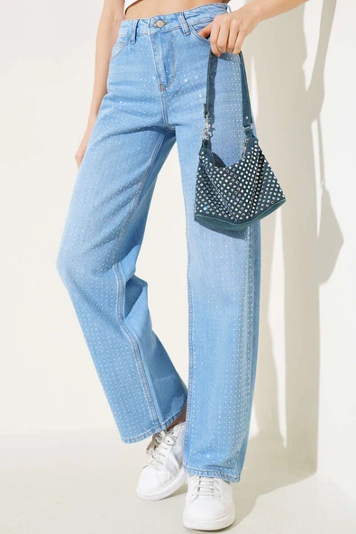 Taşlı Palazzo Kot Pantolon Açık Mavi ürün görseli