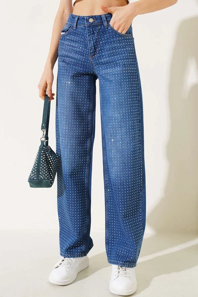 Taşlı Palazzo Kot Pantolon Kot - 2