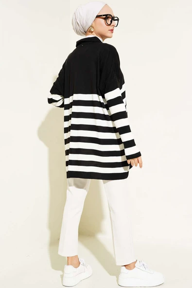 Gömlek Yaka Çizgili Triko Tunik Siyah - Resim 3