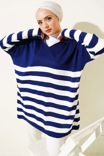 Gömlek Yaka Çizgili Triko Tunik Lacivert ürün görseli 1