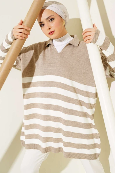 Gömlek Yaka Çizgili Triko Tunik Vizon ürün görseli 1