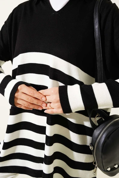 Gömlek Yaka Çizgili Triko Tunik Siyah - Resim 4