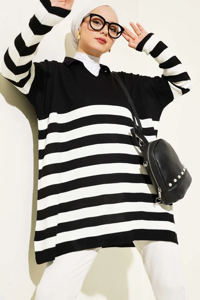 Gömlek Yaka Çizgili Triko Tunik Siyah ürün görseli 1