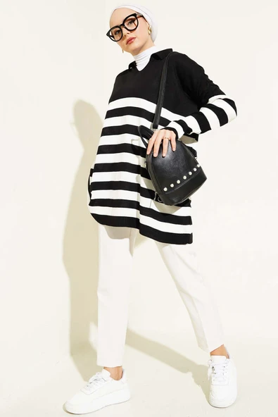 Gömlek Yaka Çizgili Triko Tunik Siyah - Resim 2