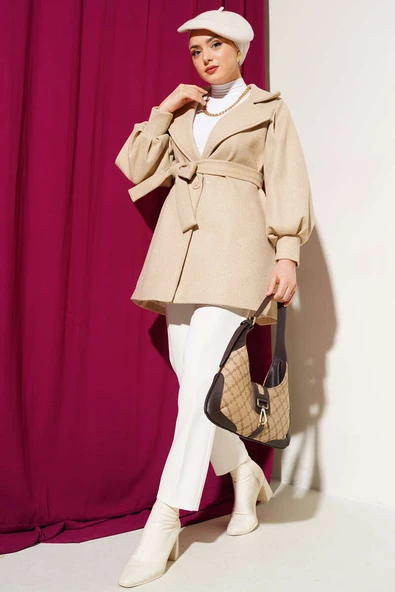 Balon Kol Kuşaklı Astarlı Kaşe Kaban Latte - 2