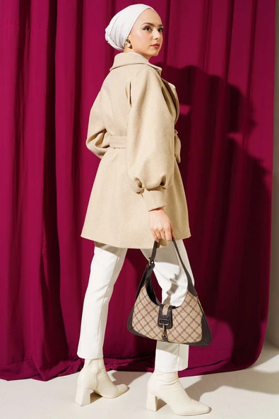 Balon Kol Kuşaklı Astarlı Kaşe Kaban Latte - 3