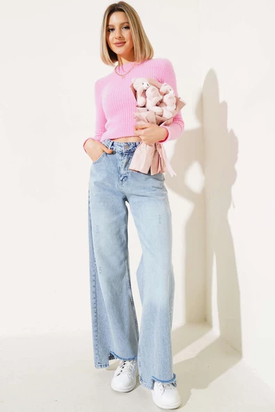 Bisiklet Yaka Yumoş Kazak Pembe - Resim 2