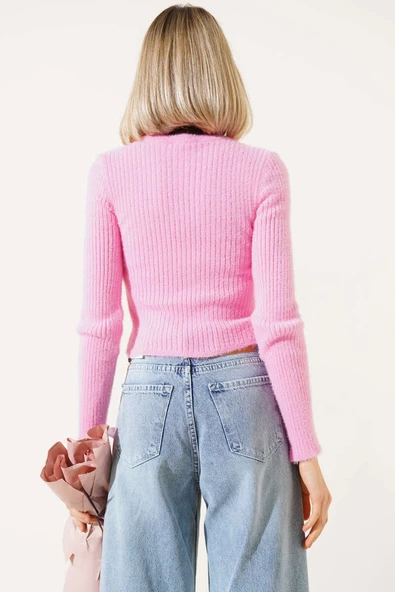 Bisiklet Yaka Yumoş Kazak Pembe - Resim 3