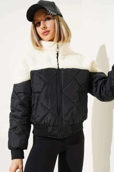 Peluş Garnili Kısa Kapitone Mont Siyah - 2