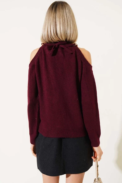 Yaka Zincirli Omuzu Açık Kazak Bordo - 3