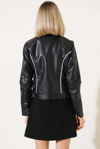 Biyeli Nakışlı Kısa Deri Ceket Siyah - 3