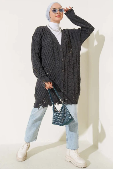 Yırtıklı Düğmeli Triko Hırka Antrasit - 2