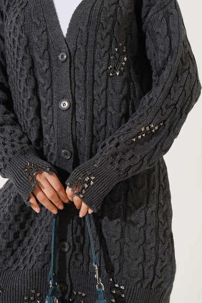 Yırtıklı Düğmeli Triko Hırka Antrasit - 4