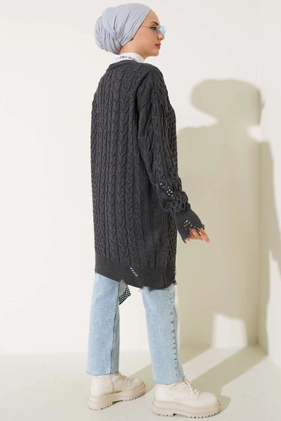 Yırtıklı Düğmeli Triko Hırka Antrasit - 3