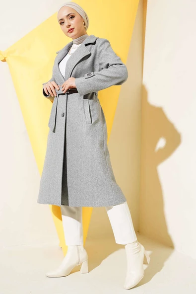 Kruvaze Yaka İki Düğmeli Kaşe Kaban Melanj Gri - Resim 2