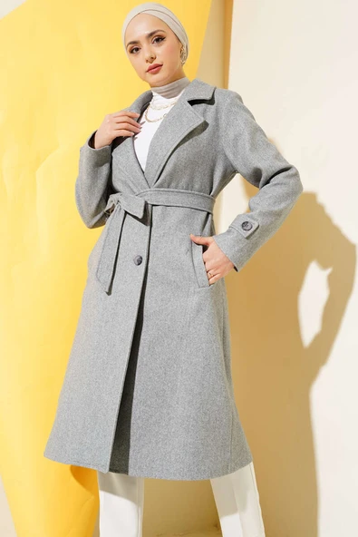 Kruvaze Yaka İki Düğmeli Kaşe Kaban Melanj Gri - Resim 3