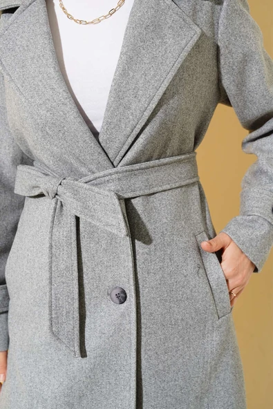 Kruvaze Yaka İki Düğmeli Kaşe Kaban Melanj Gri - Resim 4