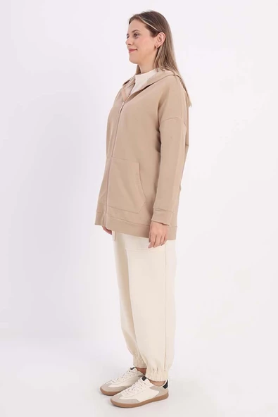 Açık Vizon-Fermuarlı Sweat Hırka - 3