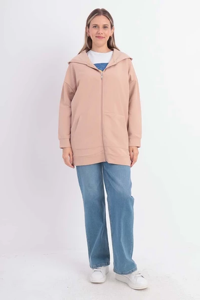 Koyu Bej-Fermuarlı Sweat Hırka - 2