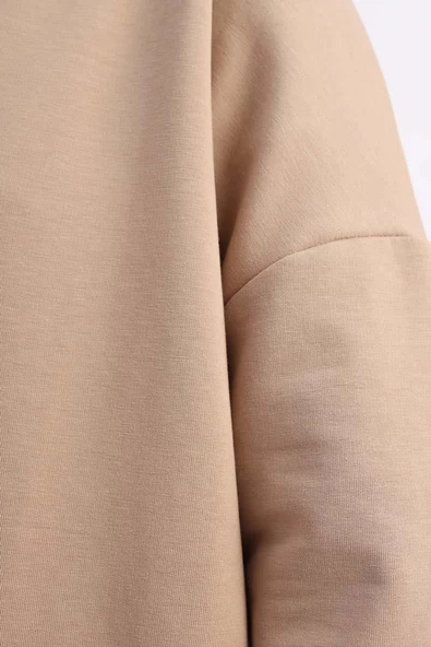 Açık Vizon-Fermuarlı Sweat Hırka - 5